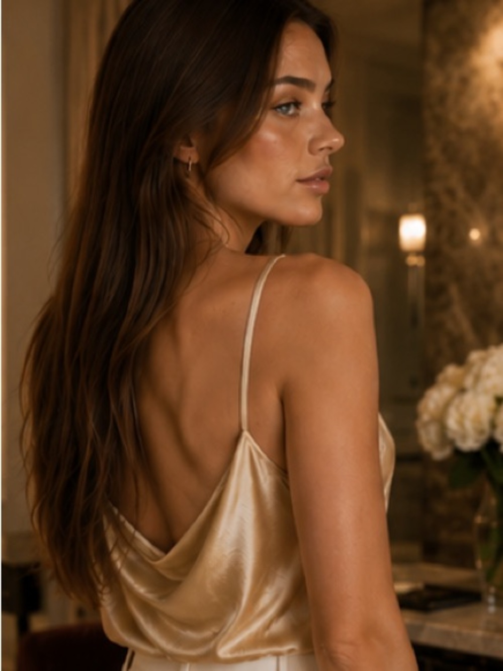 Luxury Champagne Satin Cowl Neck Sleeveless Silky Top